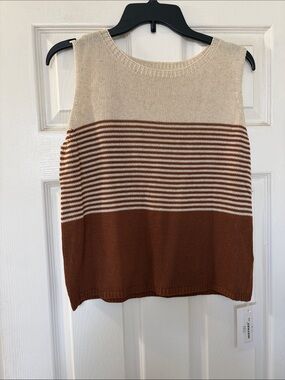 Sleeveless Crewneck Stripe Sweater Tank - Cream & Brown